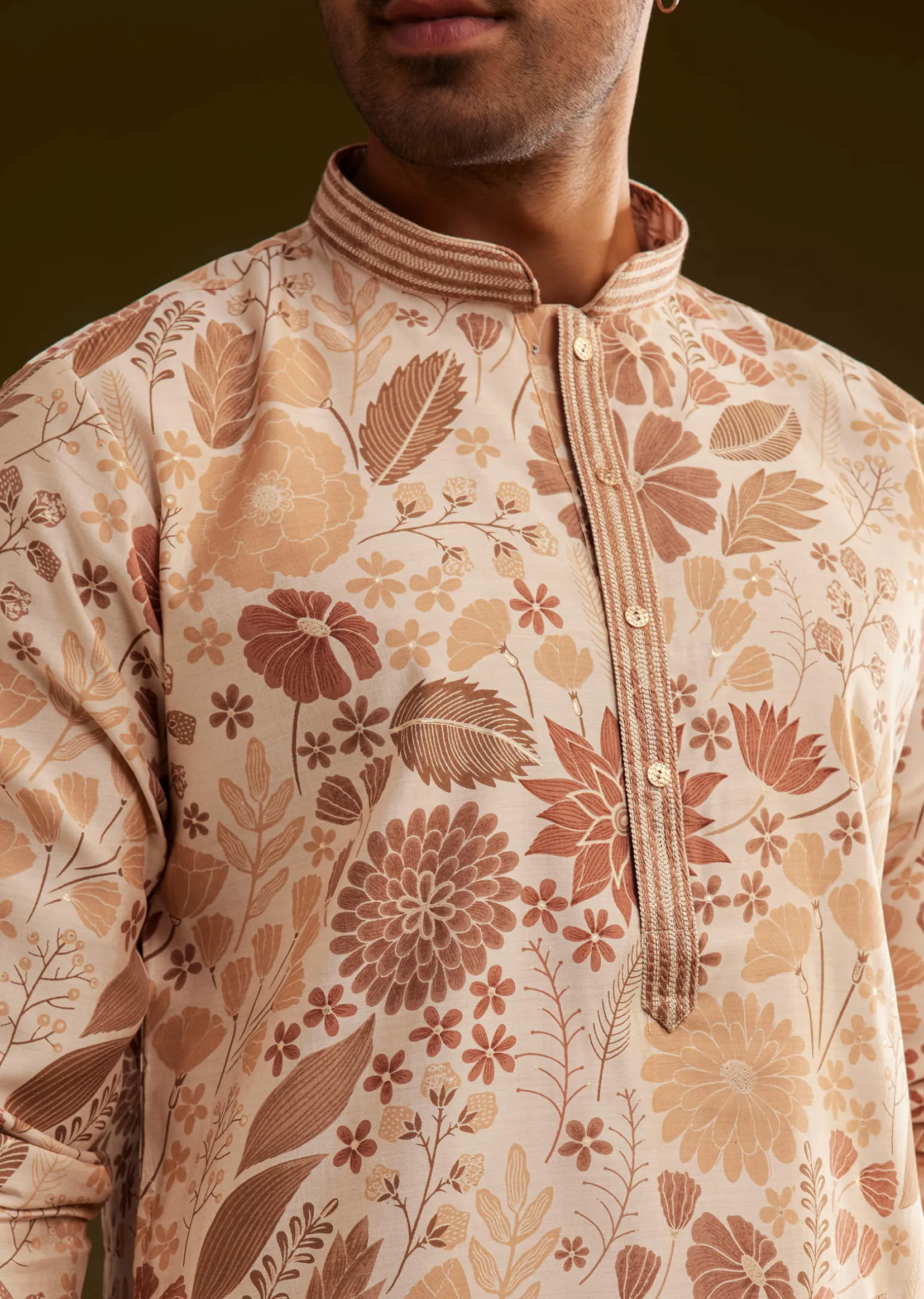 Cream Brown Silk Floral Printed Kurta Set