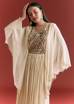 Cream Chinon Embroidered Gown With Flared Sleeves