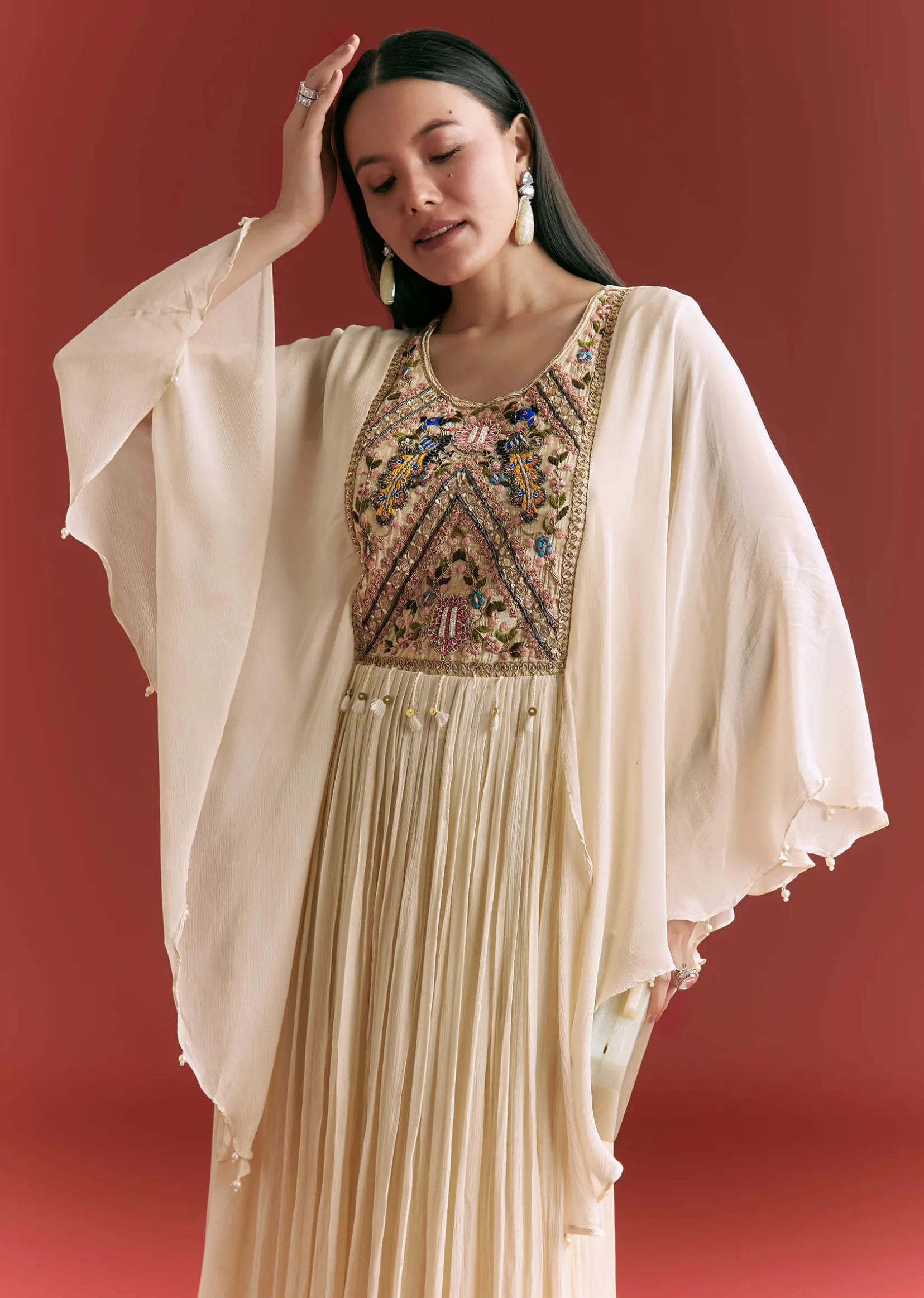 Cream Chinon Embroidered Gown With Flared Sleeves