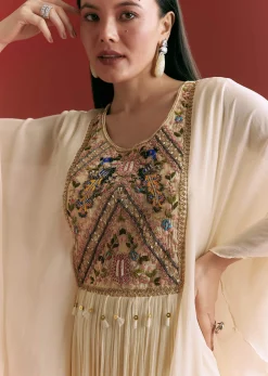 Cream Chinon Embroidered Gown With Flared Sleeves