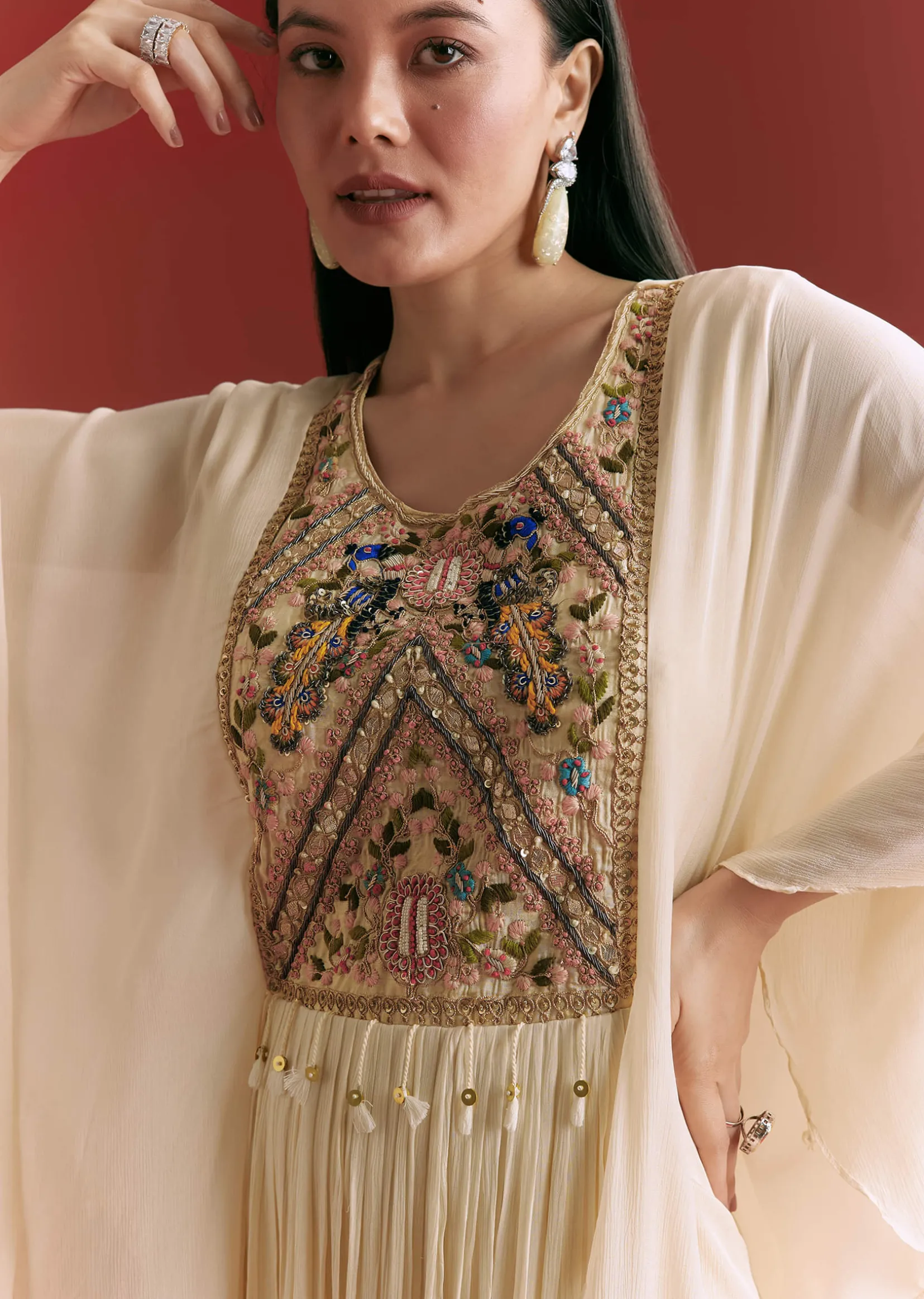 Cream Chinon Embroidered Gown With Flared Sleeves