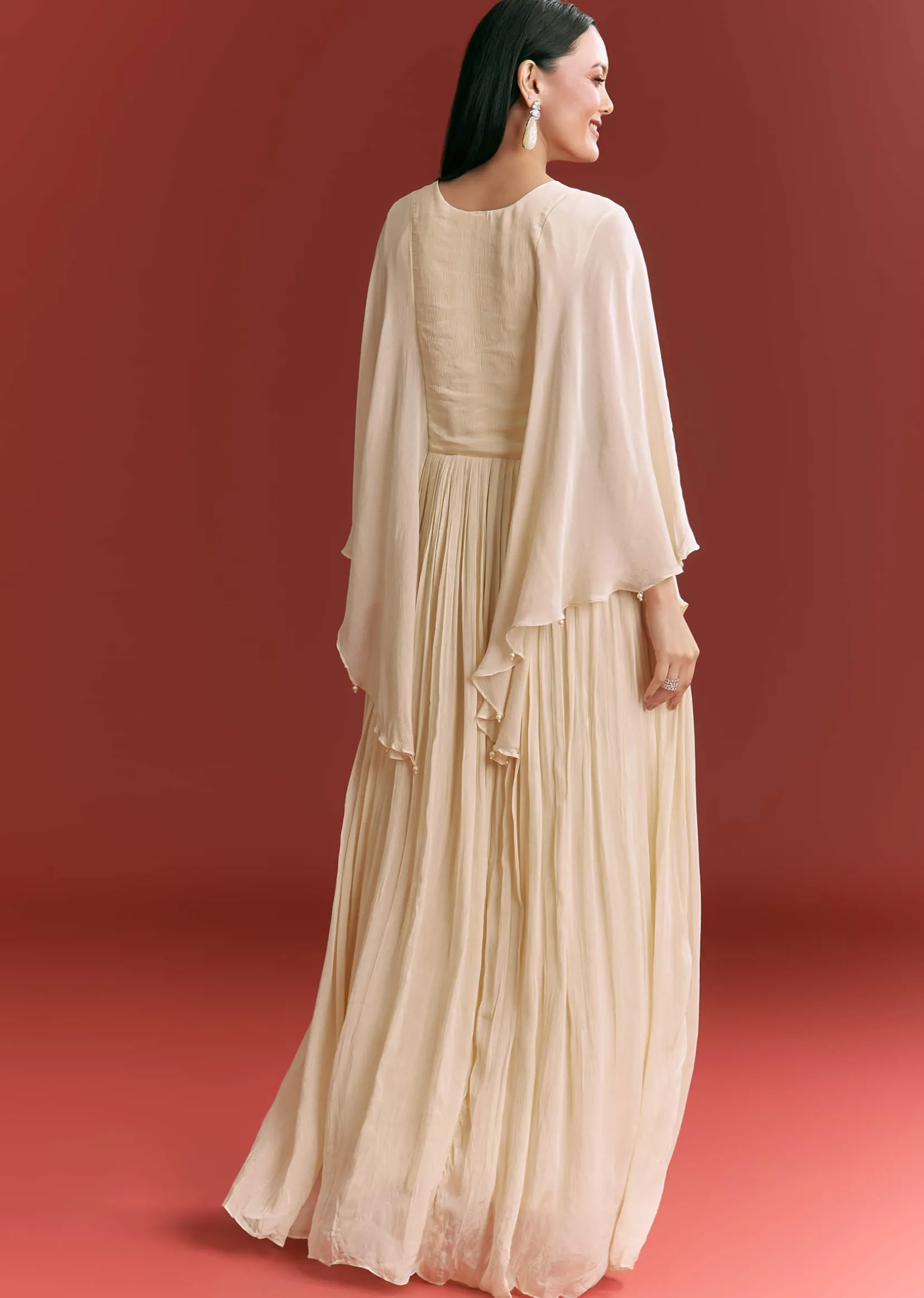Cream Chinon Embroidered Gown With Flared Sleeves