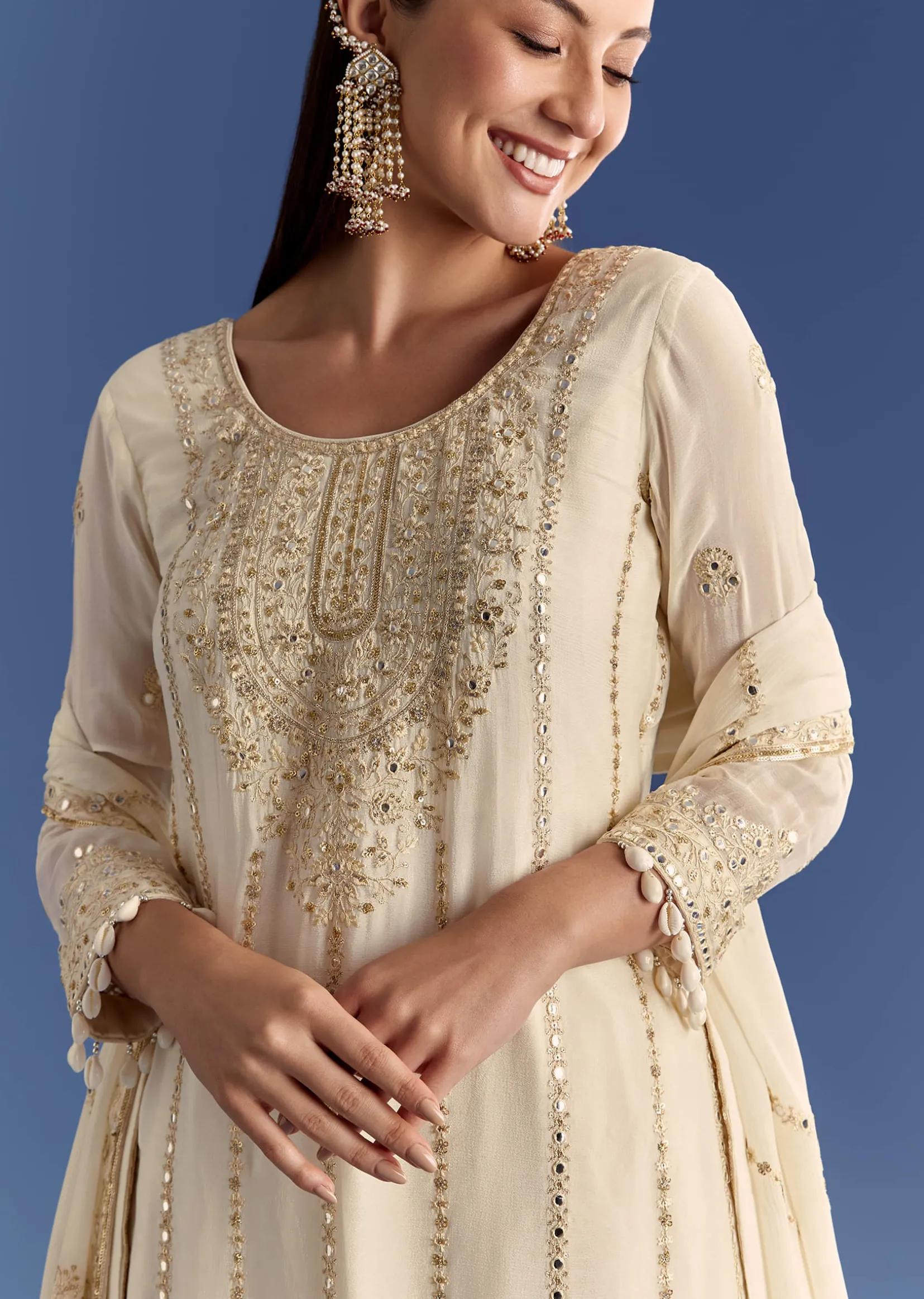Cream Chinon Kurta Palazzo Set With Resham And Sequins Work
