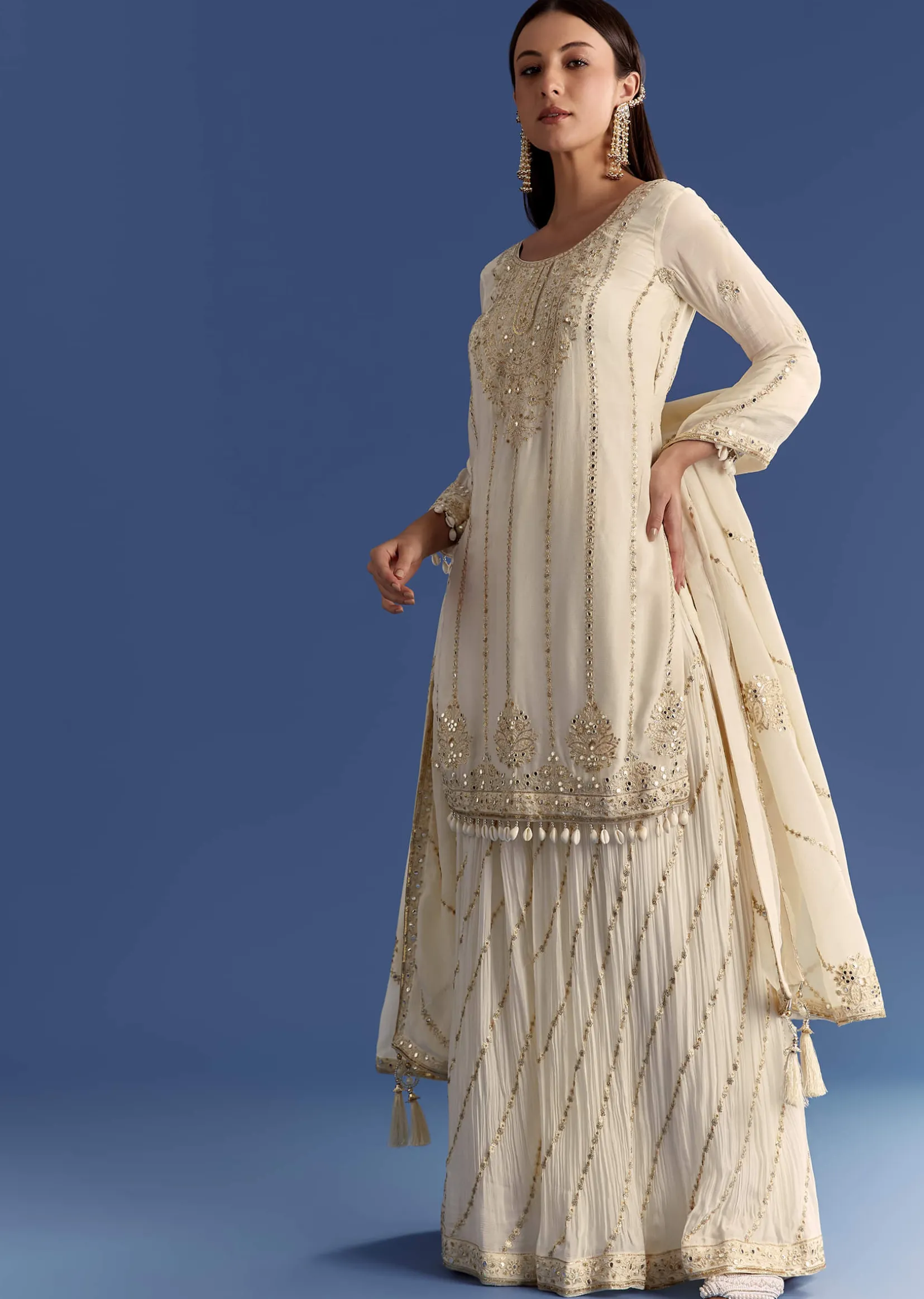 Cream Chinon Kurta Palazzo Set With Resham And Sequins Work
