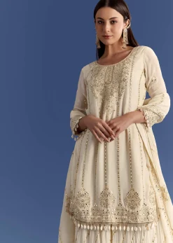 Cream Chinon Kurta Palazzo Set With Resham And Sequins Work