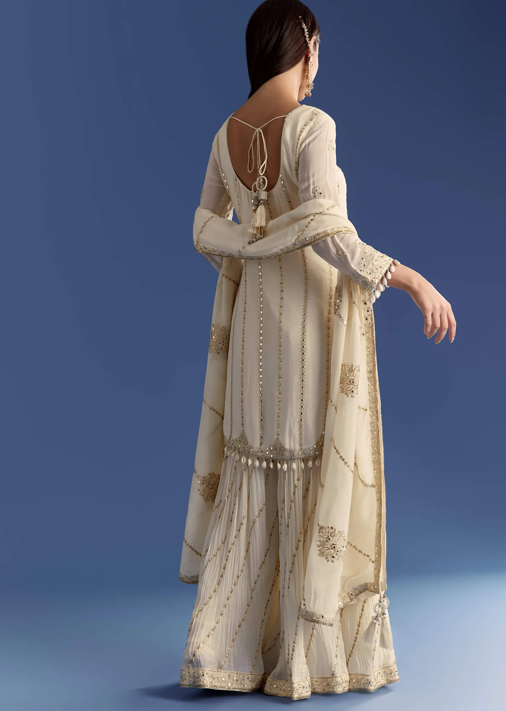 Cream Chinon Kurta Palazzo Set With Resham And Sequins Work