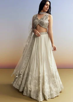 Cream Chinon Lehenga with Net Choli