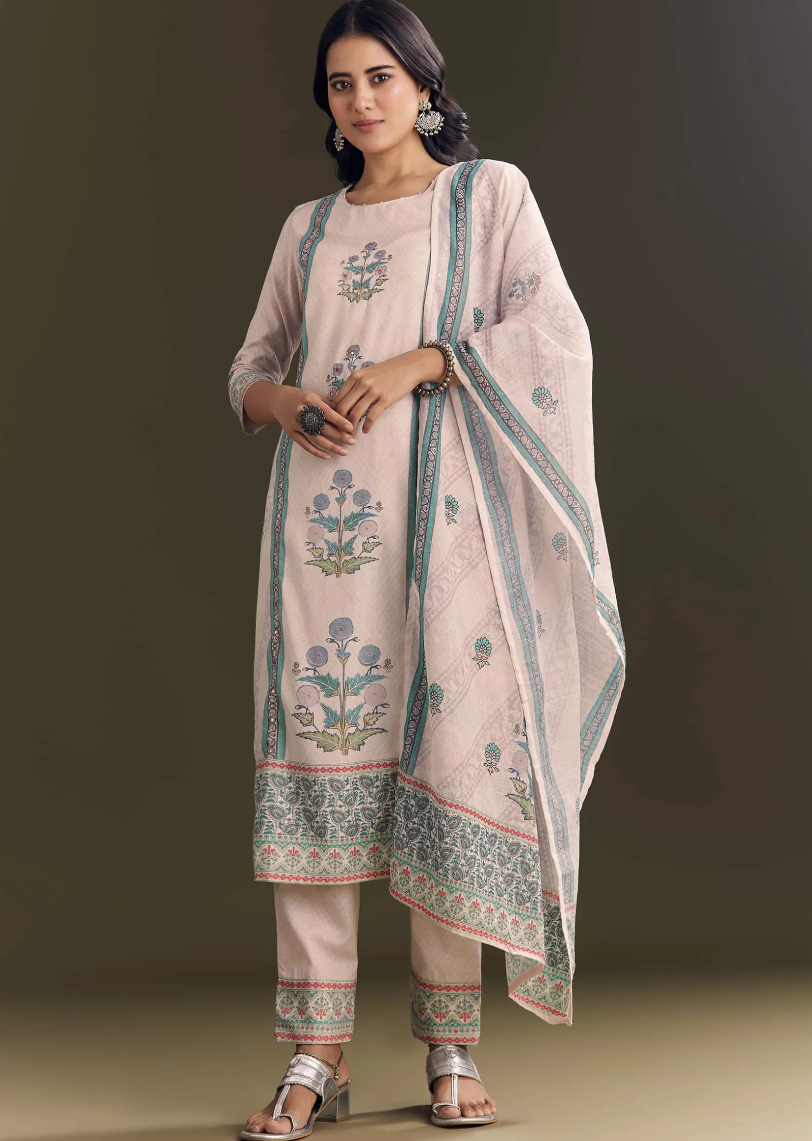 Cream Cotton Block Print Kurta Pant With Dupatta