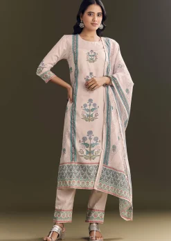 Cream Cotton Block Print Kurta Pant With Dupatta