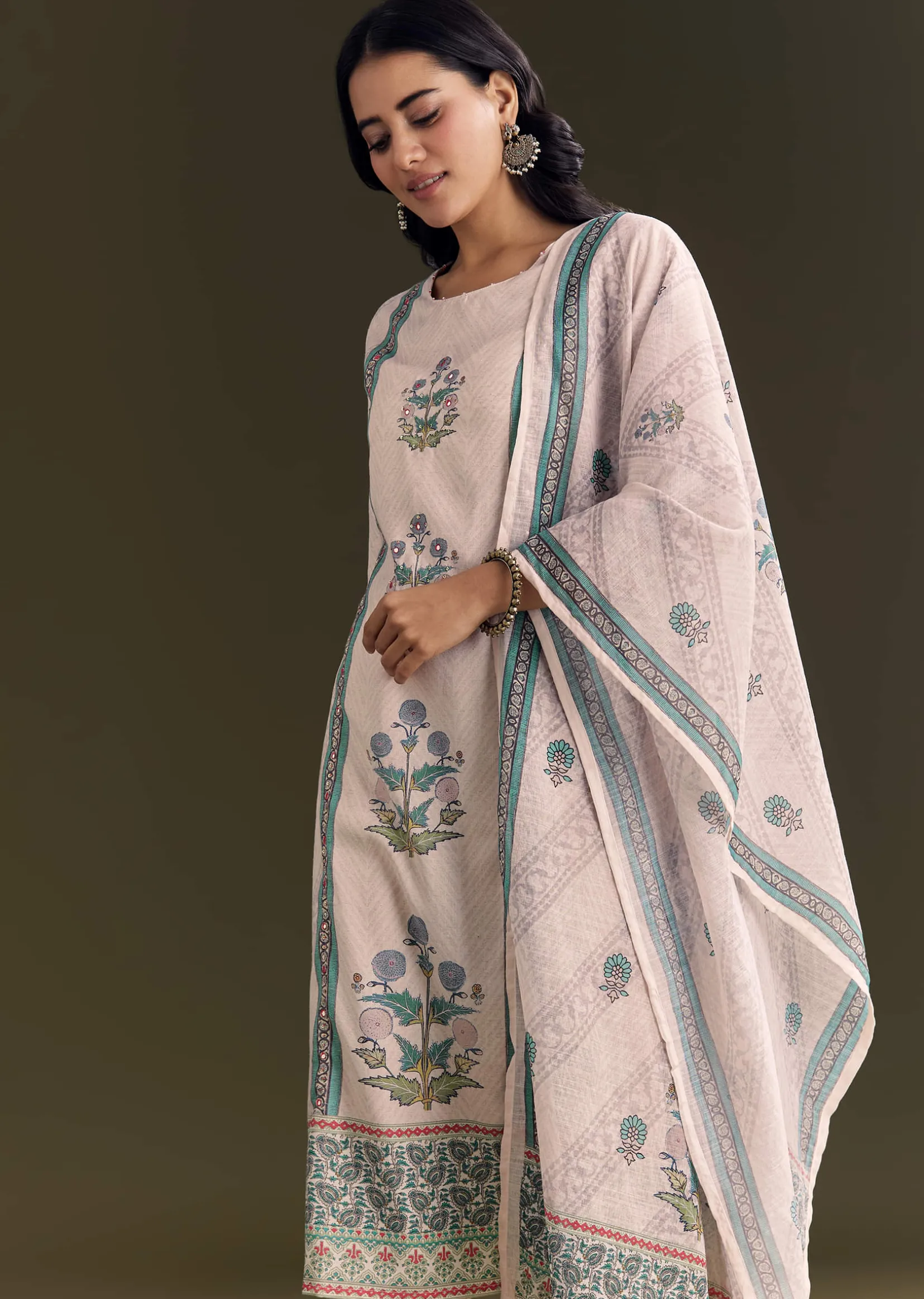 Cream Cotton Block Print Kurta Pant With Dupatta