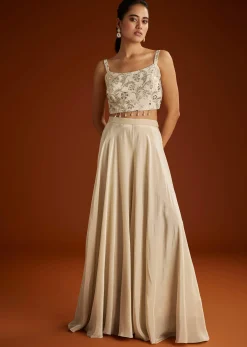 Cream Croptop Patch And Sequin Croptop Jacket Set