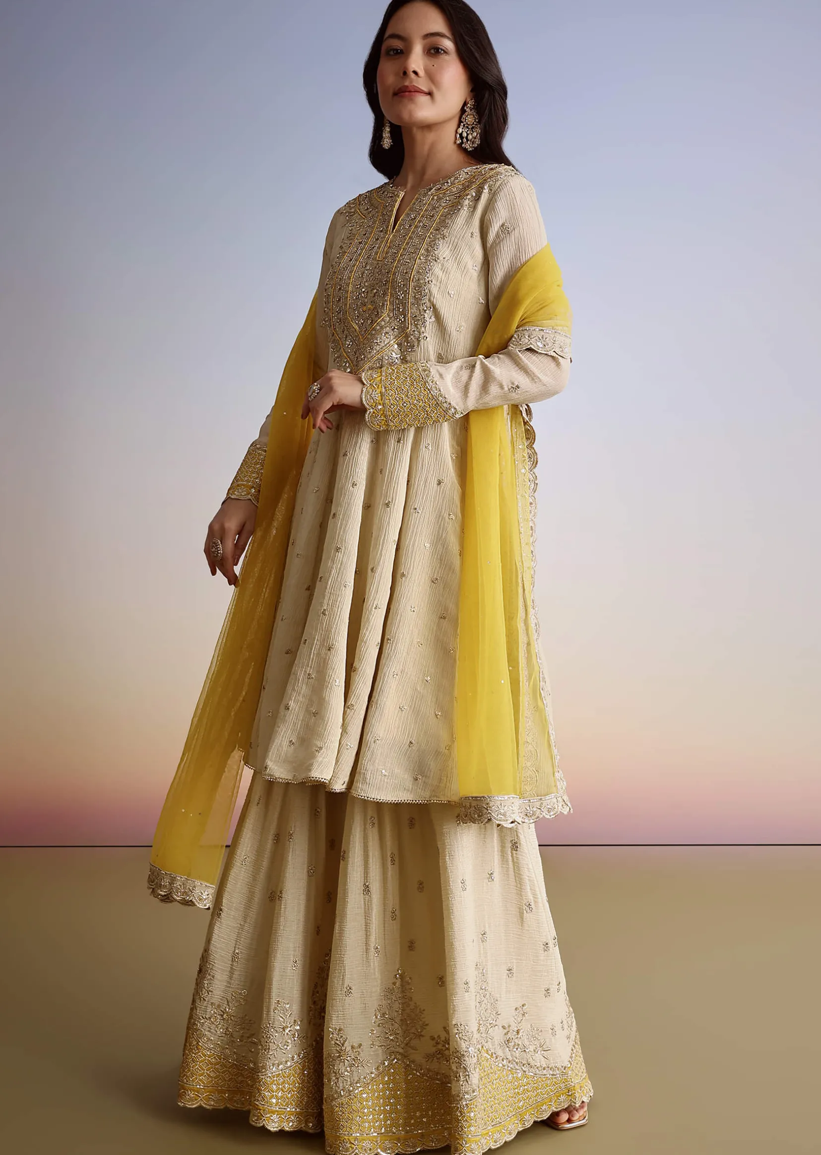 Cream Crush Tissue Sharara Suit With Zari Sequins Work