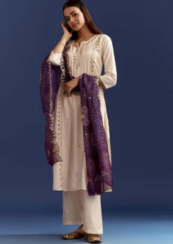 Cream Dola Silk Kurta With Gotta Work And Bandhani Purple Dupatta