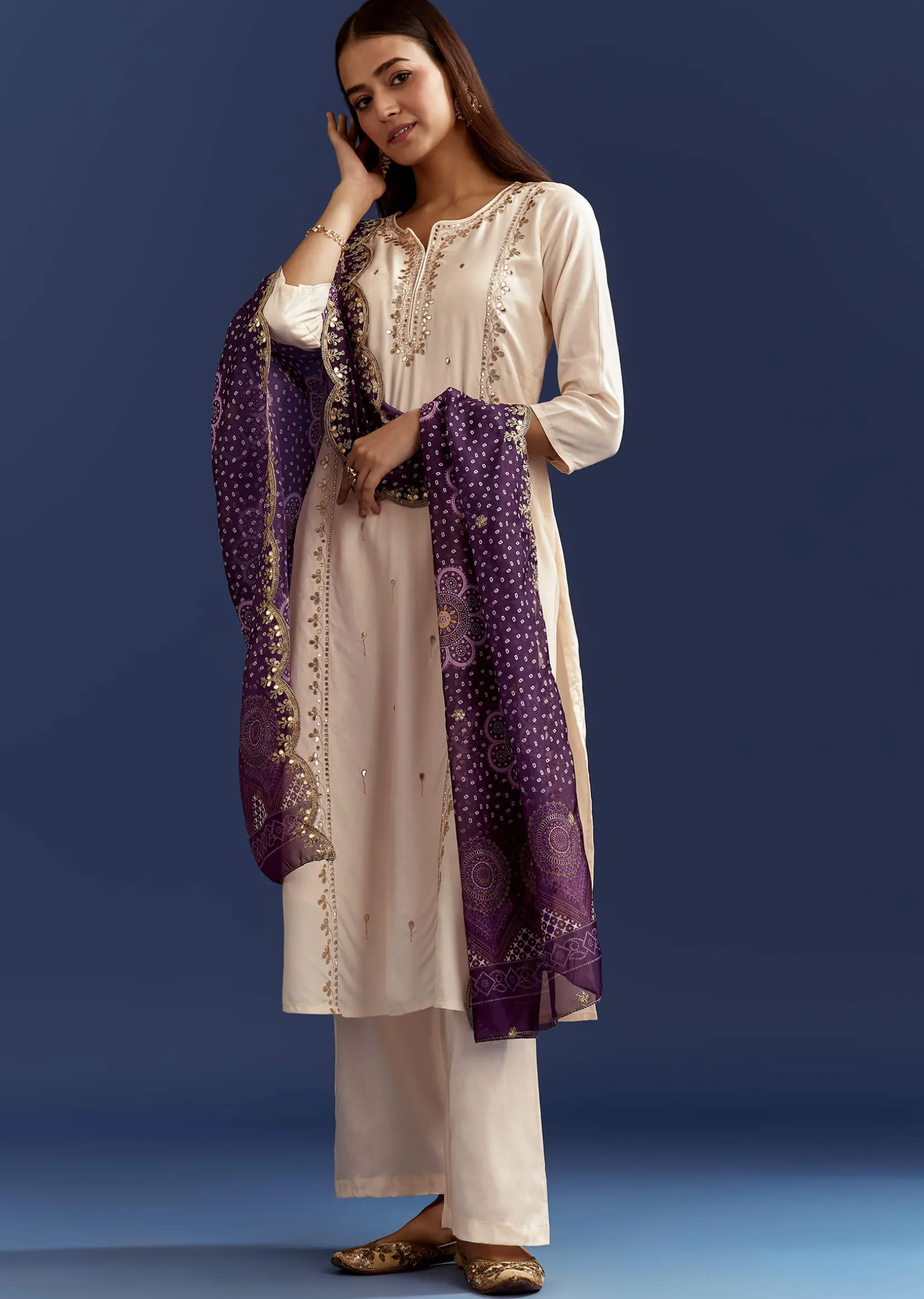 Cream Dola Silk Kurta With Gotta Work And Bandhani Purple Dupatta