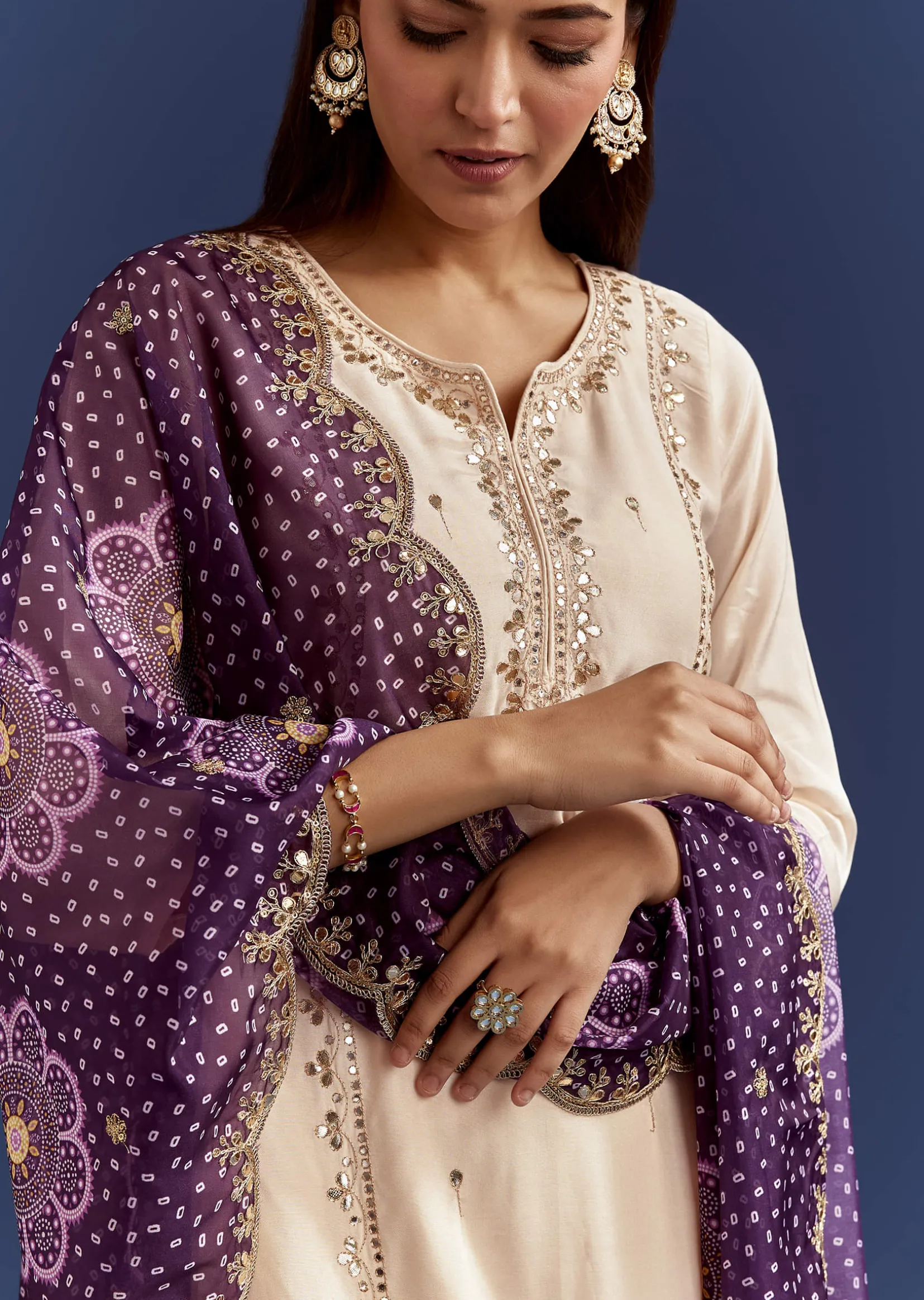 Cream Dola Silk Kurta With Gotta Work And Bandhani Purple Dupatta