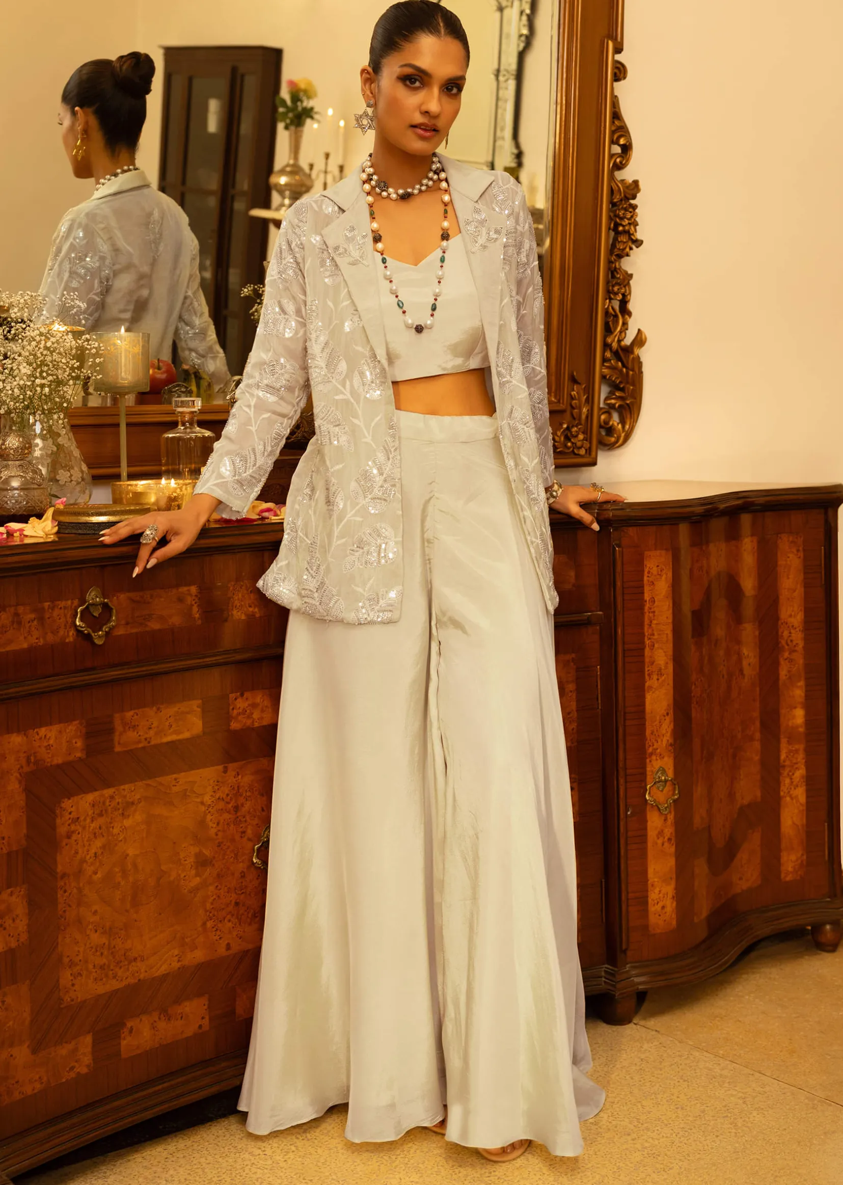 Cream Embroidered Croptop Palazzo And Jacket Set