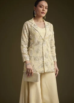 Cream Embroidered Croptop Palazzo And Jacket Set