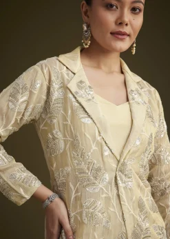 Cream Embroidered Croptop Palazzo And Jacket Set