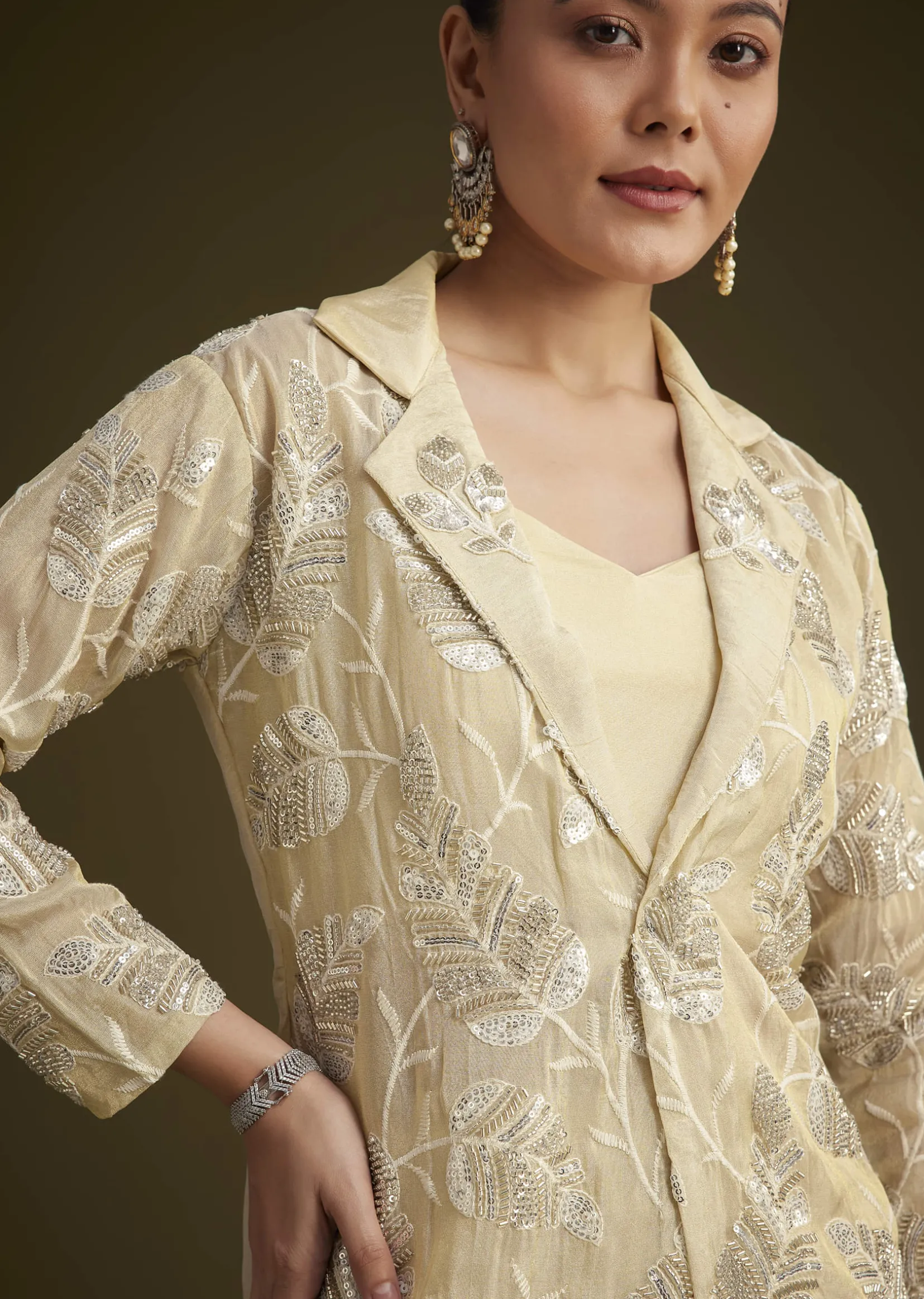Cream Embroidered Croptop Palazzo And Jacket Set