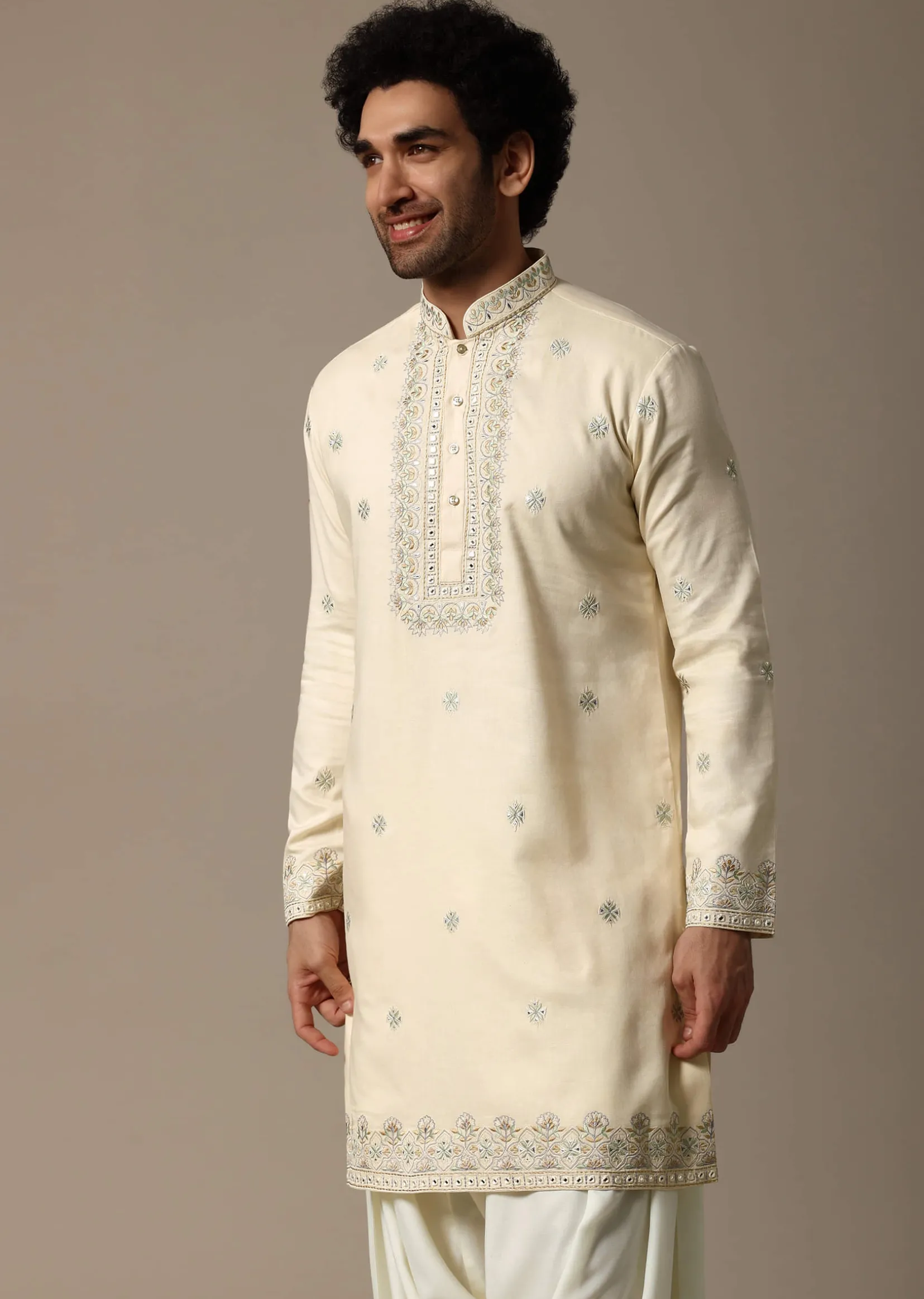 Cream Embroidered Linen Kurta Salwar For Men
