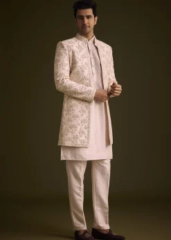 Cream Embroidered Sherwani With Thread And Sequin Work