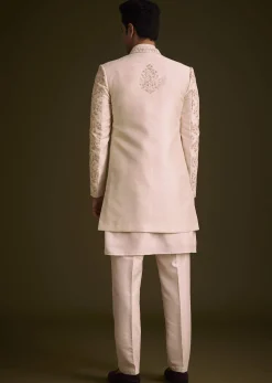 Cream Embroidered Sherwani With Thread And Sequin Work