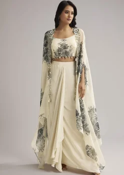 Cream Floral Cape Set With Crop Top And Skirt