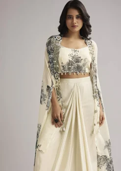Cream Floral Cape Set With Crop Top And Skirt