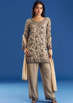 Cream Georgette Fully Beaded Kurta Pant Set With Dupatta