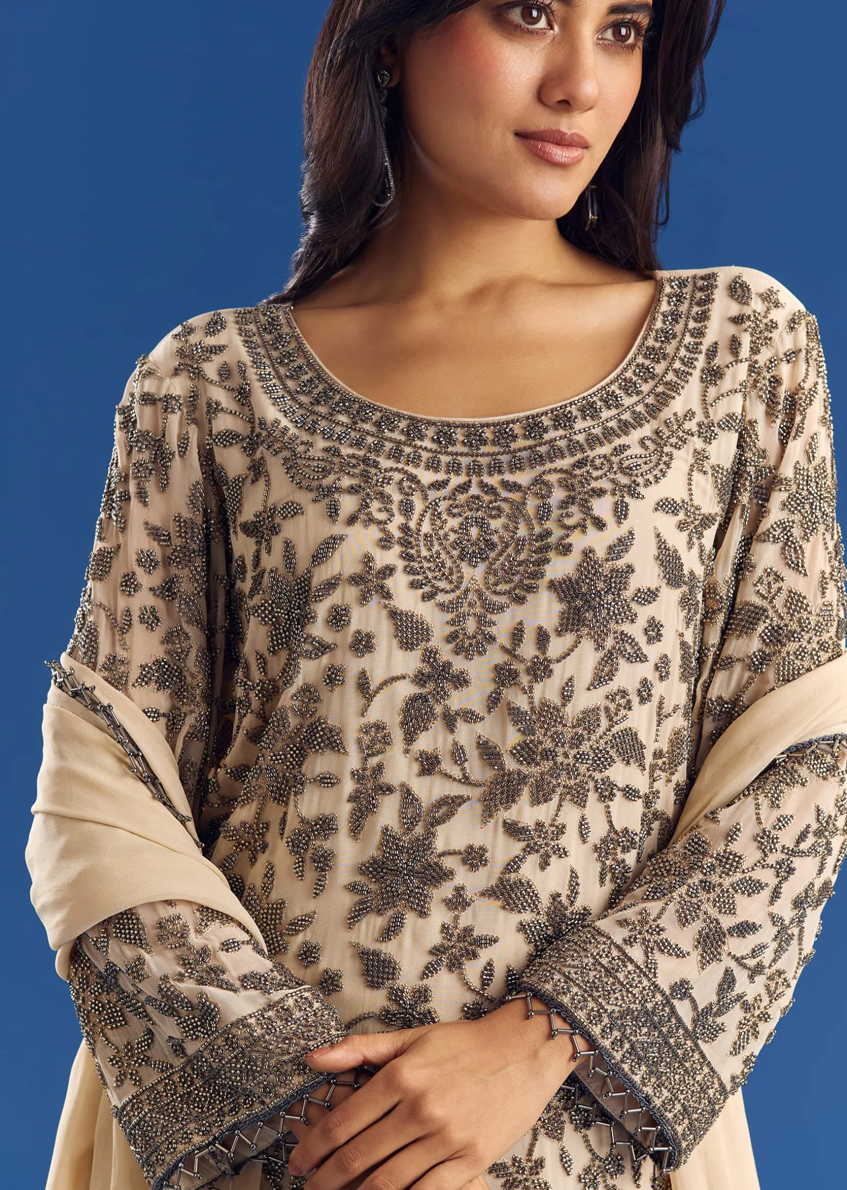 Cream Georgette Fully Beaded Kurta Pant Set With Dupatta
