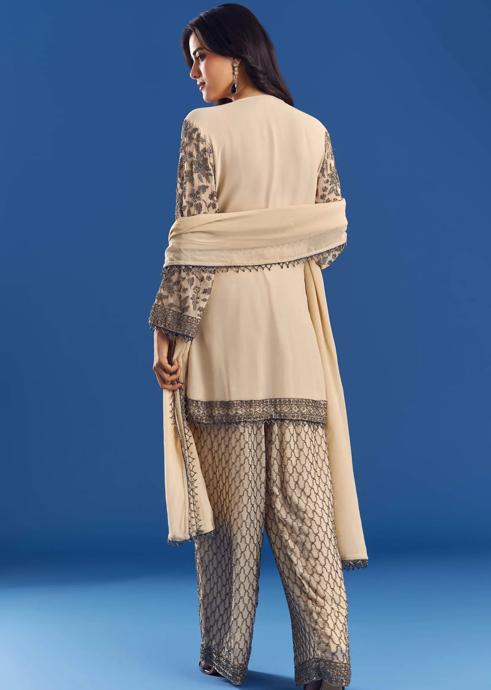 Cream Georgette Fully Beaded Kurta Pant Set With Dupatta