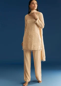 Cream Georgette Kurta Pant Set With Beaded Dupatta