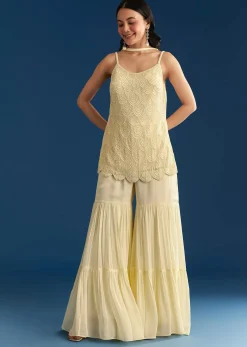 Cream Georgette Kurta Sharara Set With Dupatta