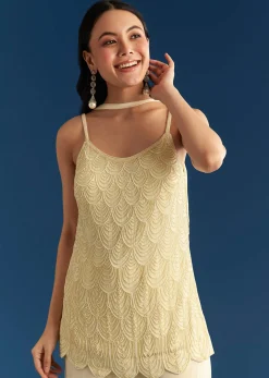 Cream Georgette Kurta Sharara Set With Dupatta