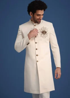 Cream Indowestern Suit With Zari And Metal Work Broach