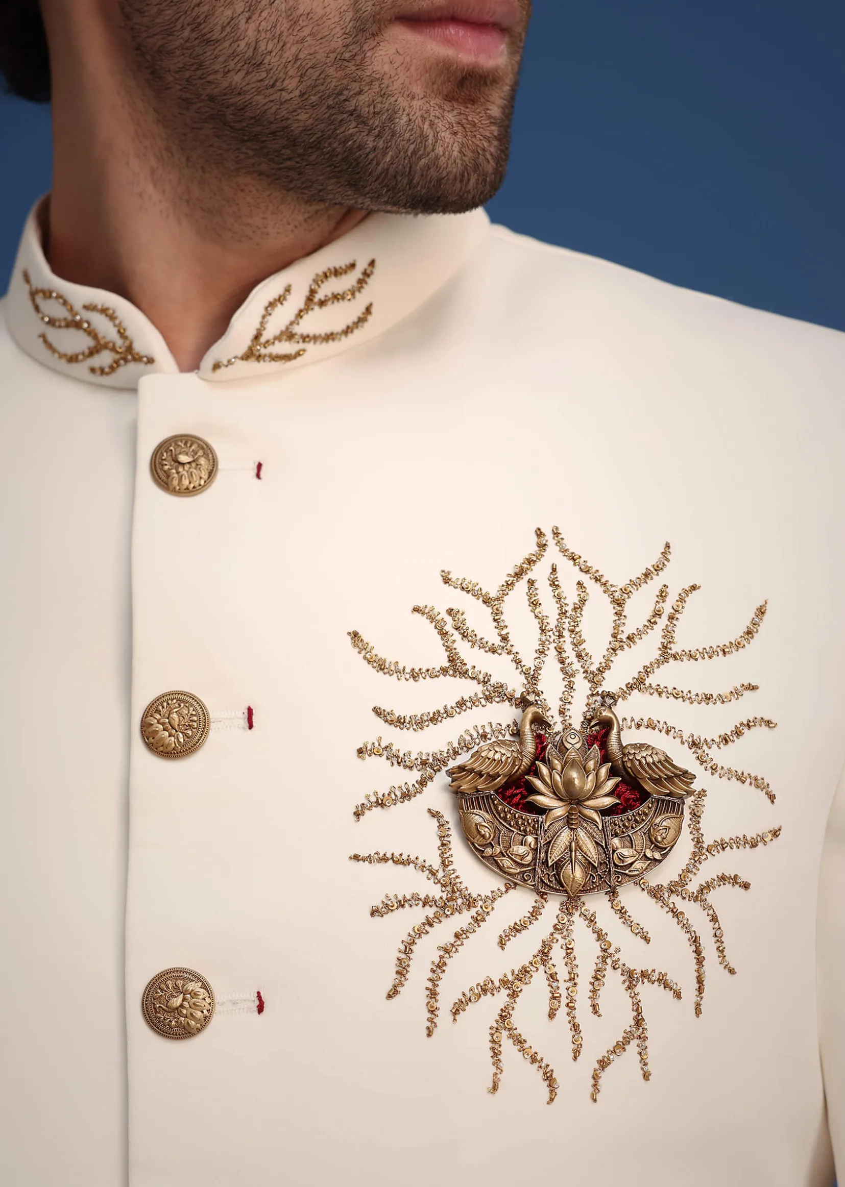 Cream Indowestern Suit With Zari And Metal Work Broach