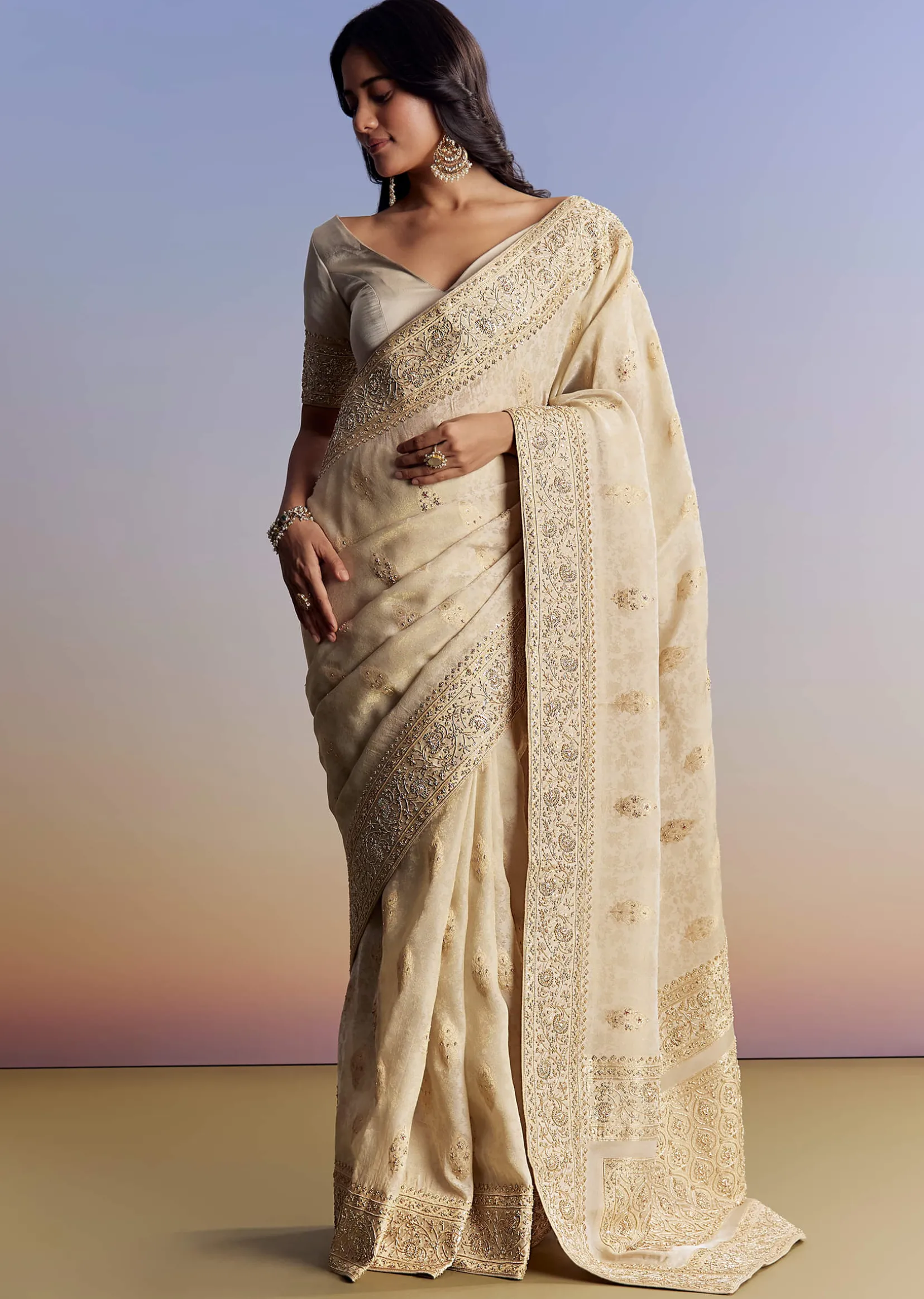 Cream Jacquard Silk Saree With Zari Brocade And Zardosi Embellished Pallu