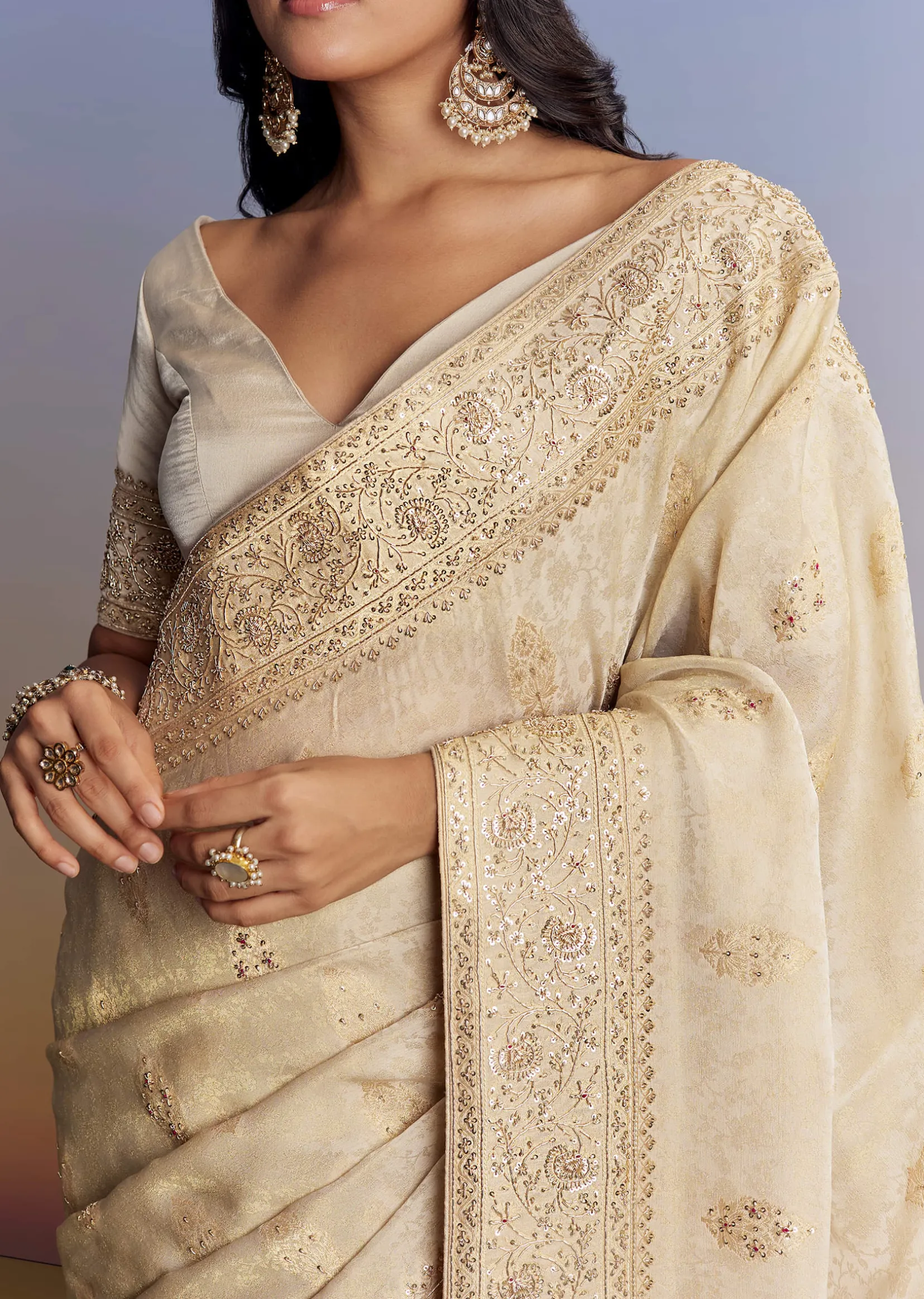 Cream Jacquard Silk Saree With Zari Brocade And Zardosi Embellished Pallu