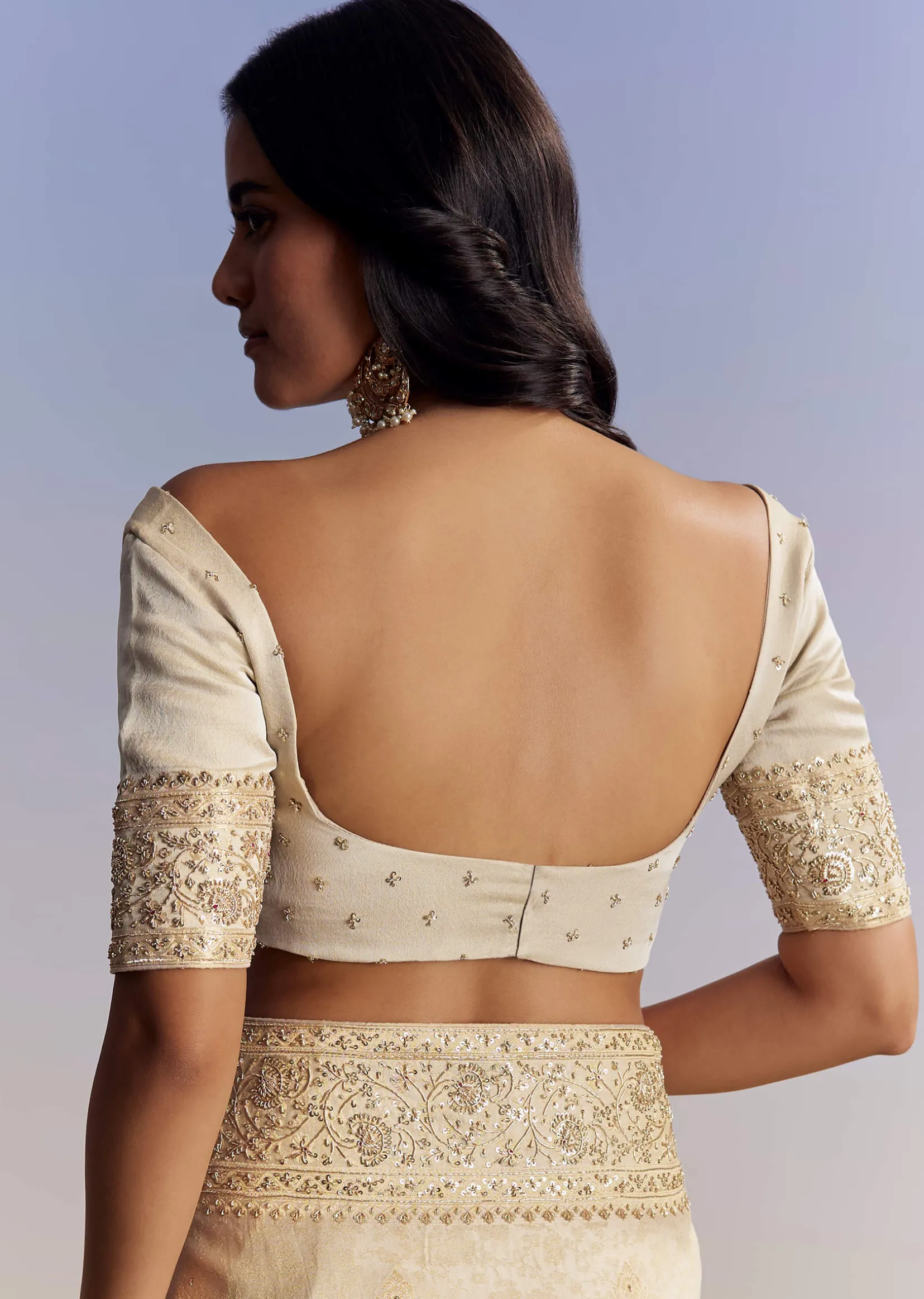 Cream Jacquard Silk Saree With Zari Brocade And Zardosi Embellished Pallu