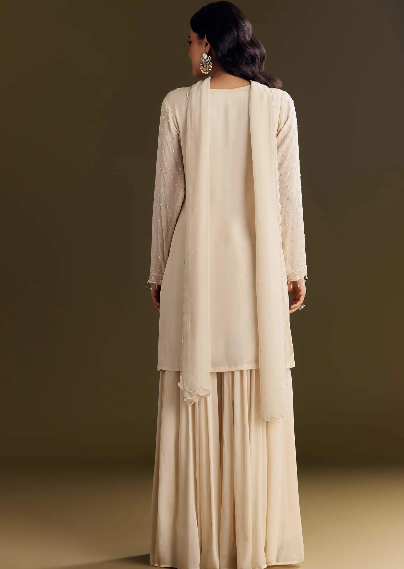 Cream Kurta Palazzo Set With Cutdana And Sequins Work