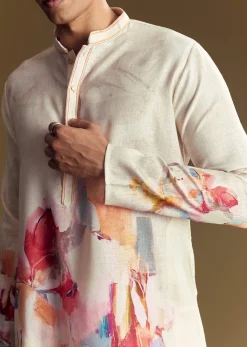 Cream Linen Kurta Set With Abstract Artistic Print