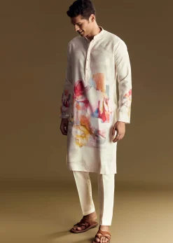 Cream Linen Kurta Set With Abstract Artistic Print