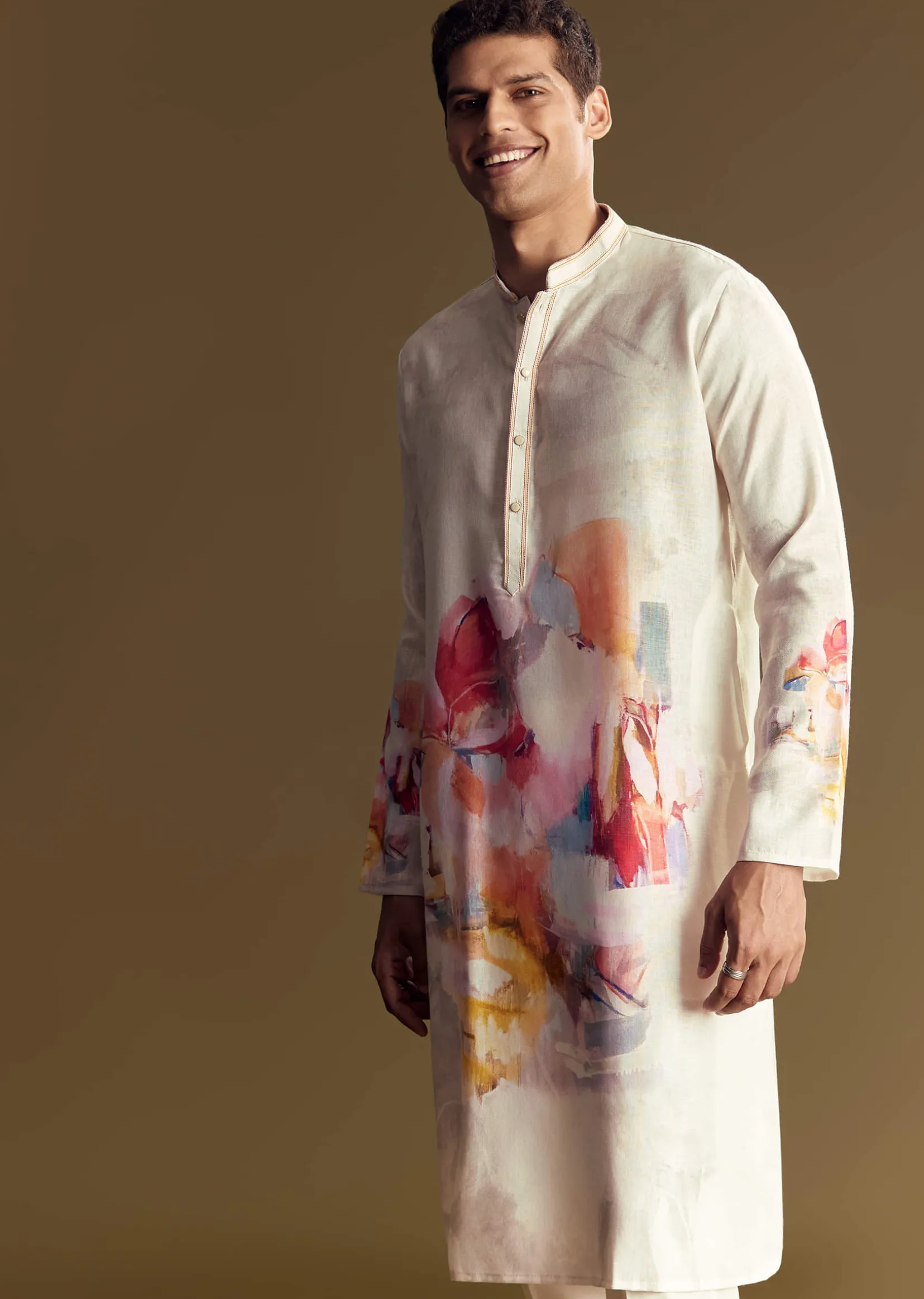 Cream Linen Kurta Set With Abstract Artistic Print