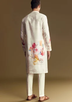 Cream Linen Kurta Set With Abstract Artistic Print