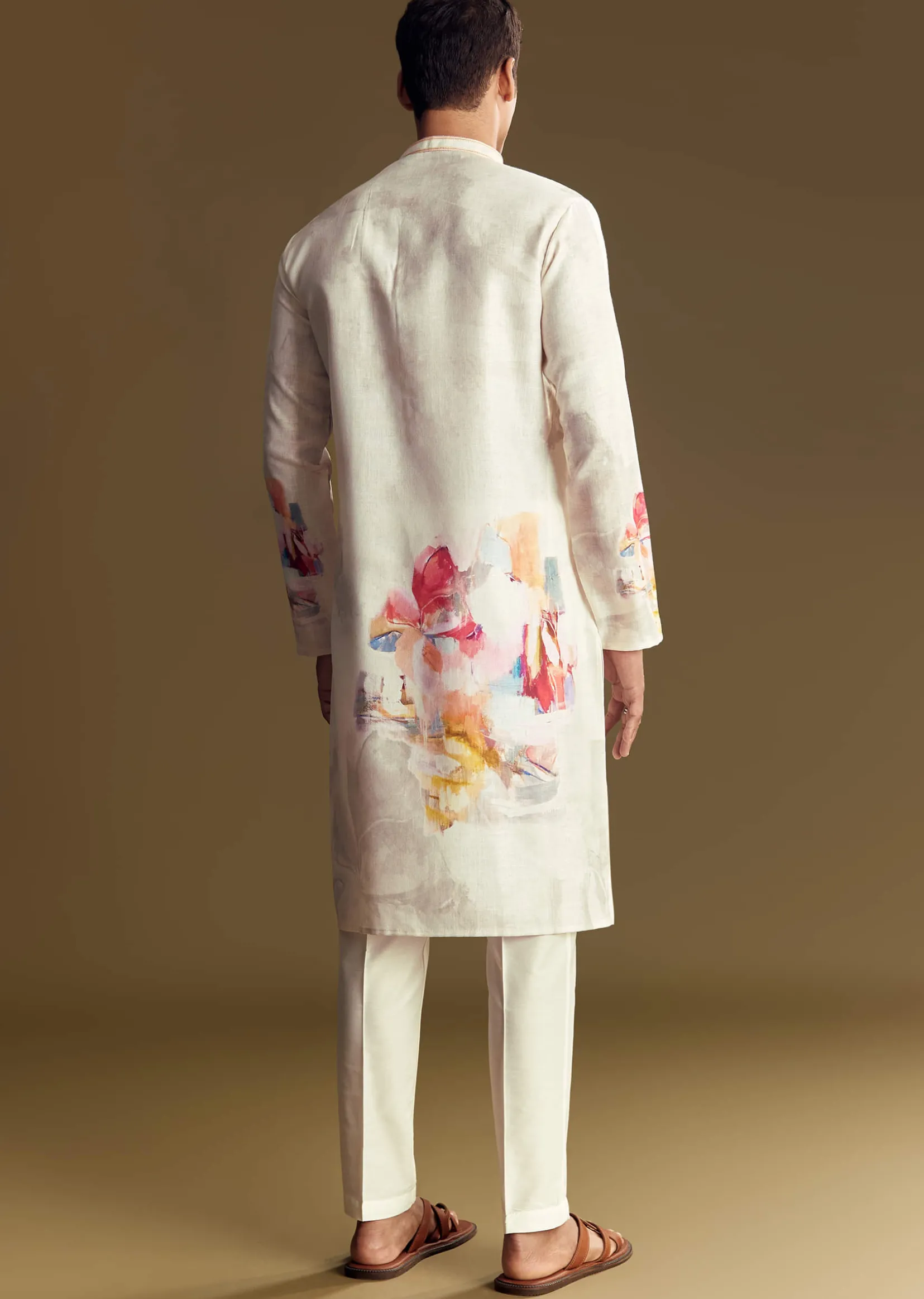 Cream Linen Kurta Set With Abstract Artistic Print