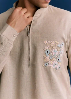 Cream Linen Kurta Set With Embroidery