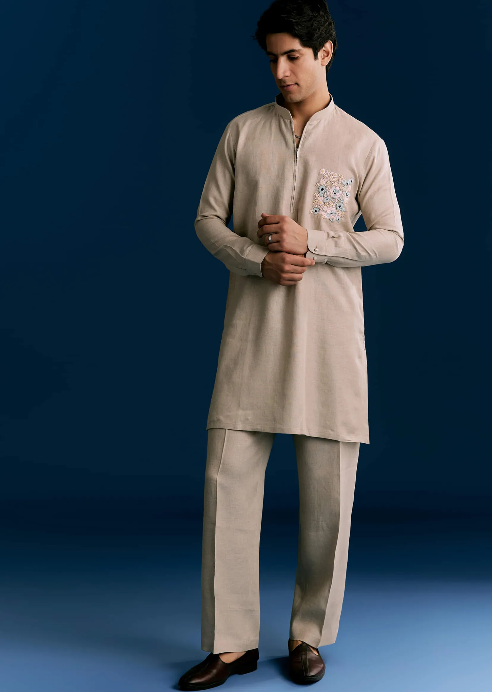Cream Linen Kurta Set With Embroidery