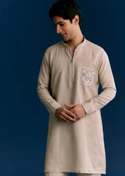 Cream Linen Kurta Set With Embroidery
