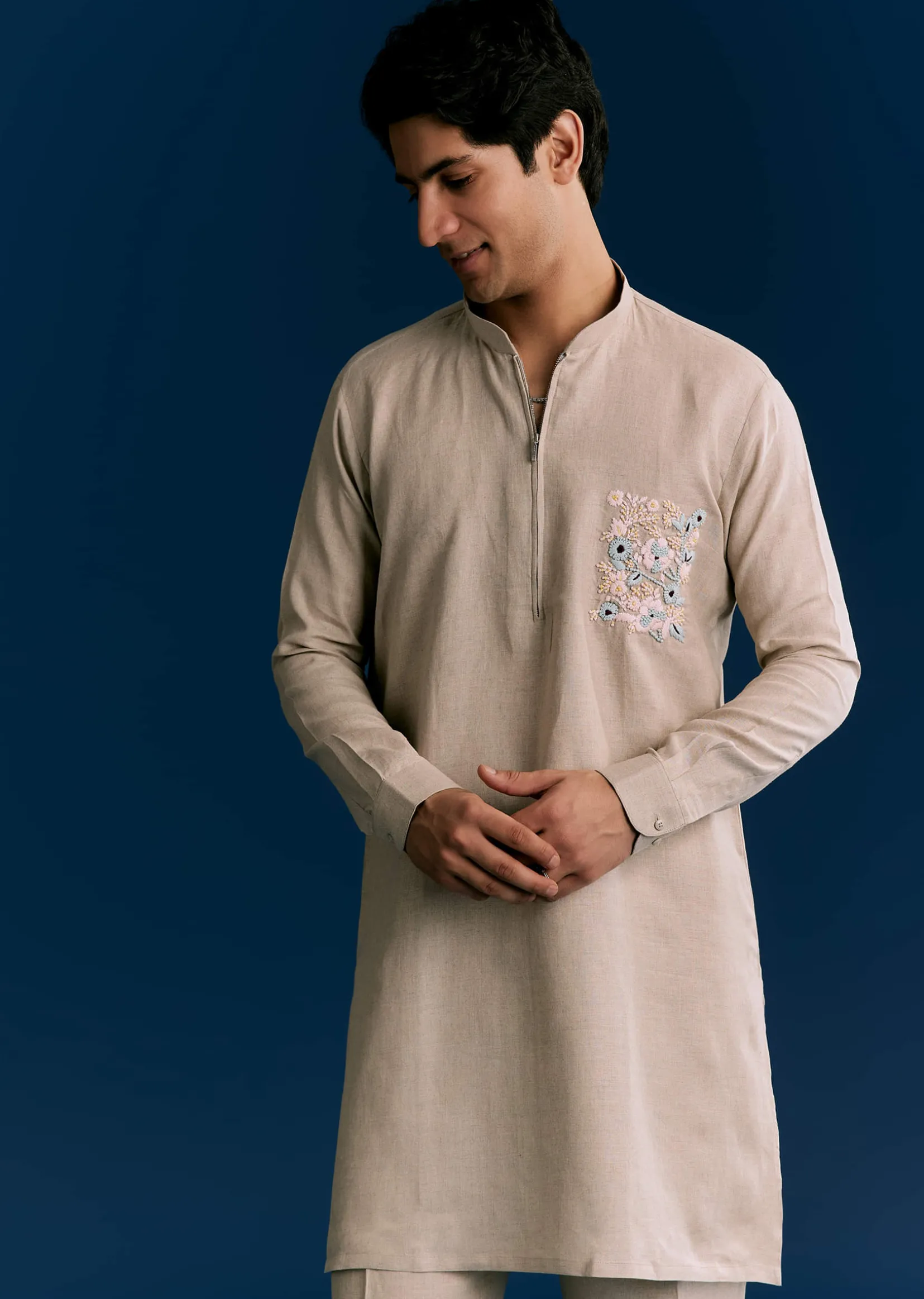 Cream Linen Kurta Set With Embroidery