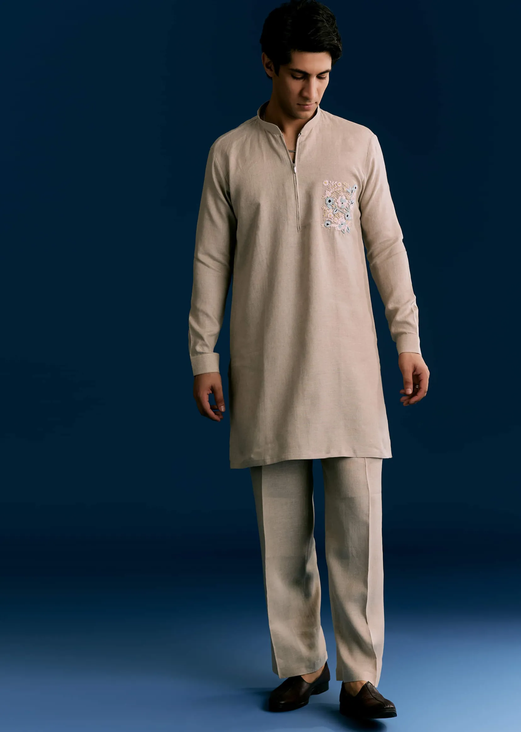 Cream Linen Kurta Set With Embroidery